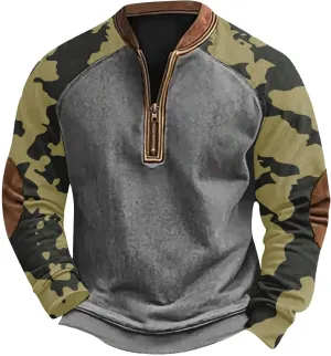 Camo Sweatshirts for Men Quarter Zip Raglan Sleeve Henley Neck Camouflage Vintage Western Pullover Tactical Shirts