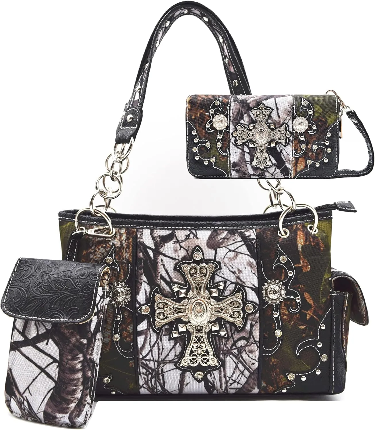 Camouflage Cross Wings Western Style Studded Handbag Tooled Leather Purse Country Women Shoulder Bag Pouch Wallet Set