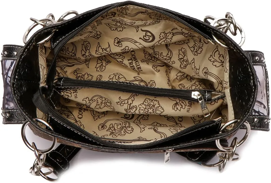 Camouflage Cross Wings Western Style Studded Handbag Tooled Leather Purse Country Women Shoulder Bag Pouch Wallet Set