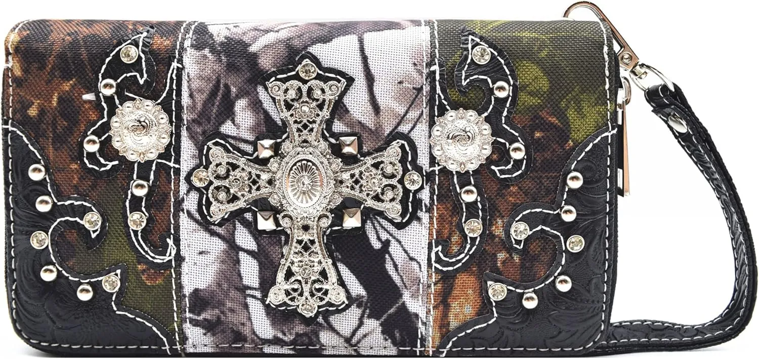 Camouflage Cross Wings Western Style Studded Handbag Tooled Leather Purse Country Women Shoulder Bag Pouch Wallet Set