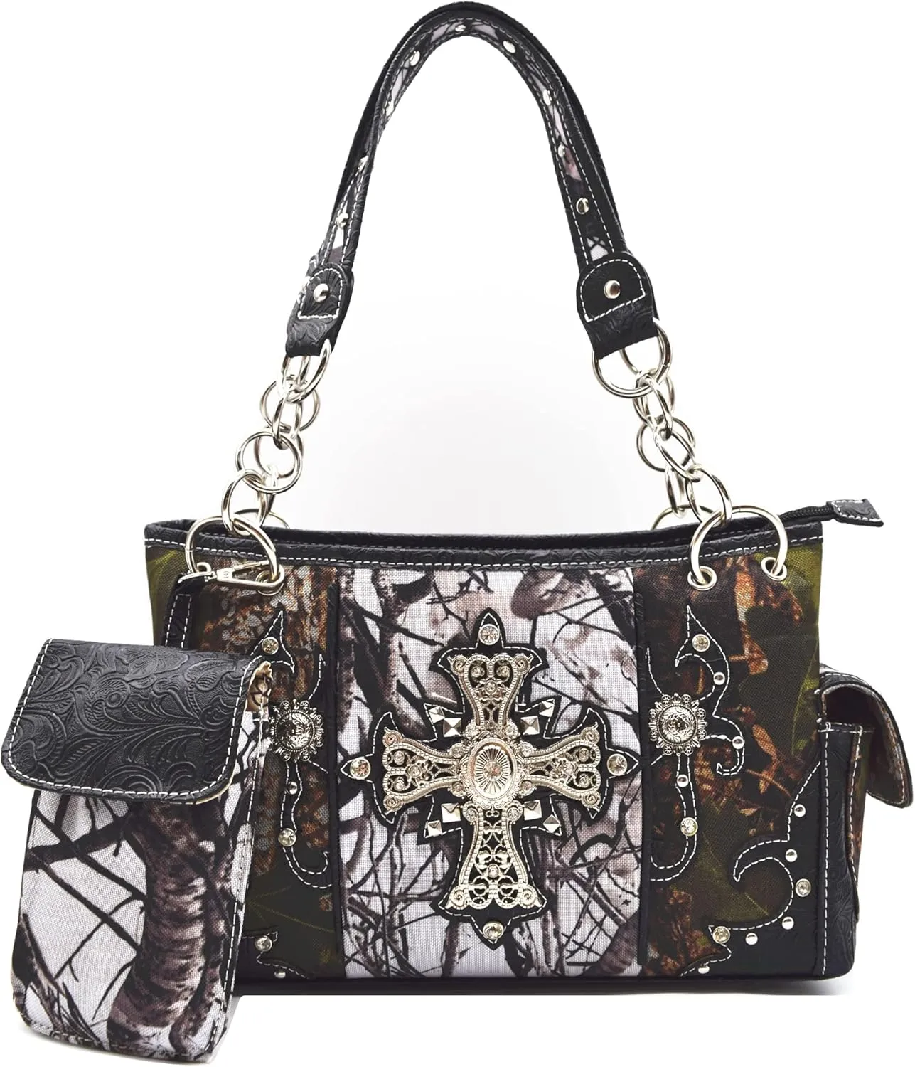 Camouflage Cross Wings Western Style Studded Handbag Tooled Leather Purse Country Women Shoulder Bag Pouch Wallet Set