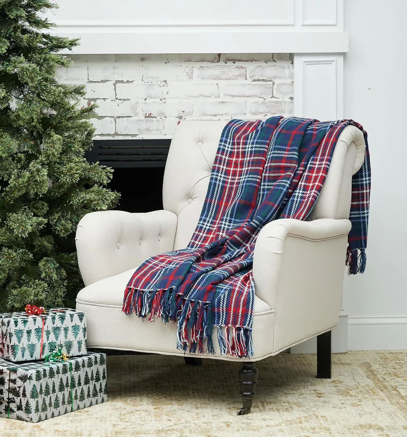 C&F Home 50" x 60" Douglas Plaid Blue & Red Woven Christmas Accent Throw Blanket w/Fringe Cotton Machine Washable Soft Xmas Festive Winter Holidays Home Living Room Couch Sofa Decor Decoration 50x60