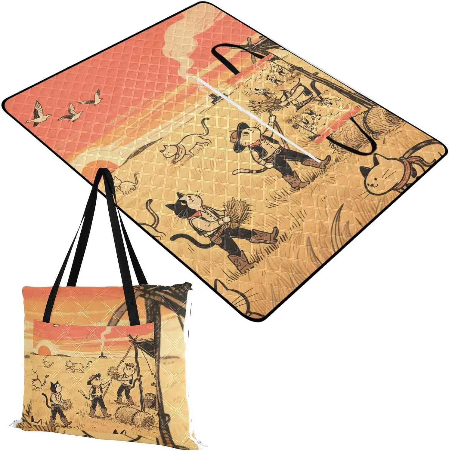 Camping Blanket Sandproof Picnic Camping Blanket Packable for Adults Spring Gifts Sunset Prairie Cat Cowboy Red 60x80in