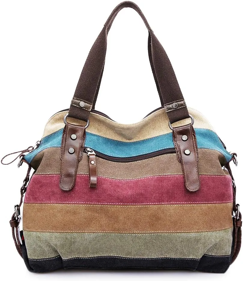 Canvas Handbag Multi-Color Striped Lattice Cross Body Shoulder Purse Bag Tote-Handbag for Women