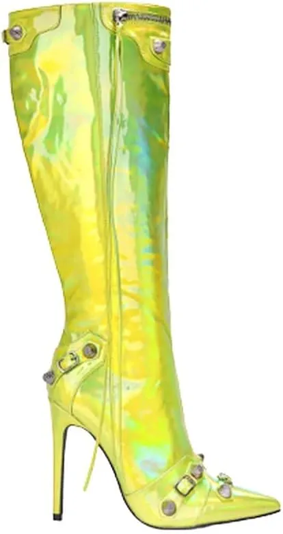 Cape Robbin Womem Knee High Boots Pointed Toe Stiletto Heels Side Zipper Rivets Tassels Boots