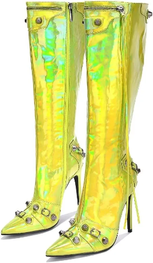Cape Robbin Womem Knee High Boots Pointed Toe Stiletto Heels Side Zipper Rivets Tassels Boots