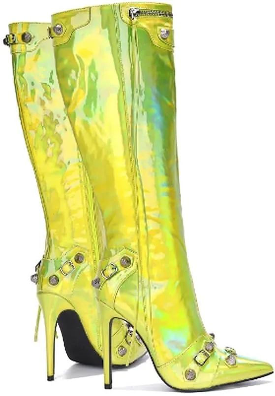 Cape Robbin Womem Knee High Boots Pointed Toe Stiletto Heels Side Zipper Rivets Tassels Boots