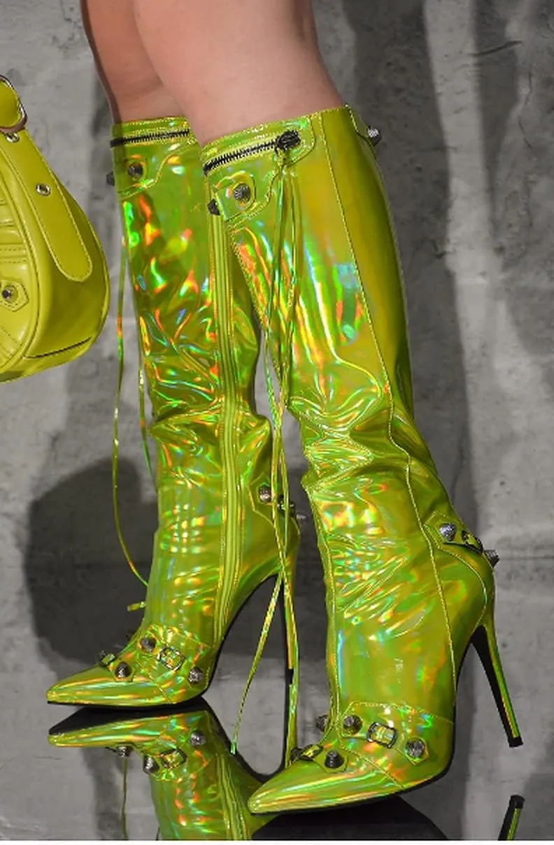 Cape Robbin Womem Knee High Boots Pointed Toe Stiletto Heels Side Zipper Rivets Tassels Boots