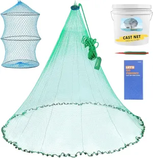 Cast Nets for Fishing with Storage Bucket, Casting Nets for Bait Fish, Freshwater and Saltwater Fishing Nets, 1.5LB/Ft Heavy Duty Sinkers Throw Cast Net, Bait Traps, 3/8 in Mesh Size - by TTDMK