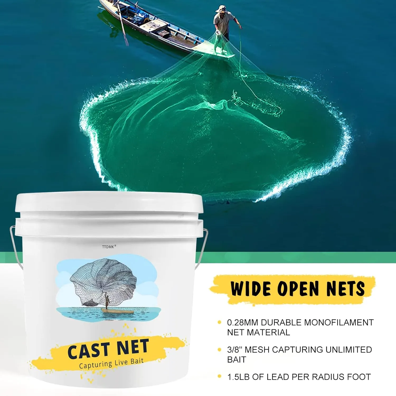Cast Nets for Fishing with Storage Bucket, Casting Nets for Bait Fish, Freshwater and Saltwater Fishing Nets, 1.5LB/Ft Heavy Duty Sinkers Throw Cast Net, Bait Traps, 3/8 in Mesh Size - by TTDMK
