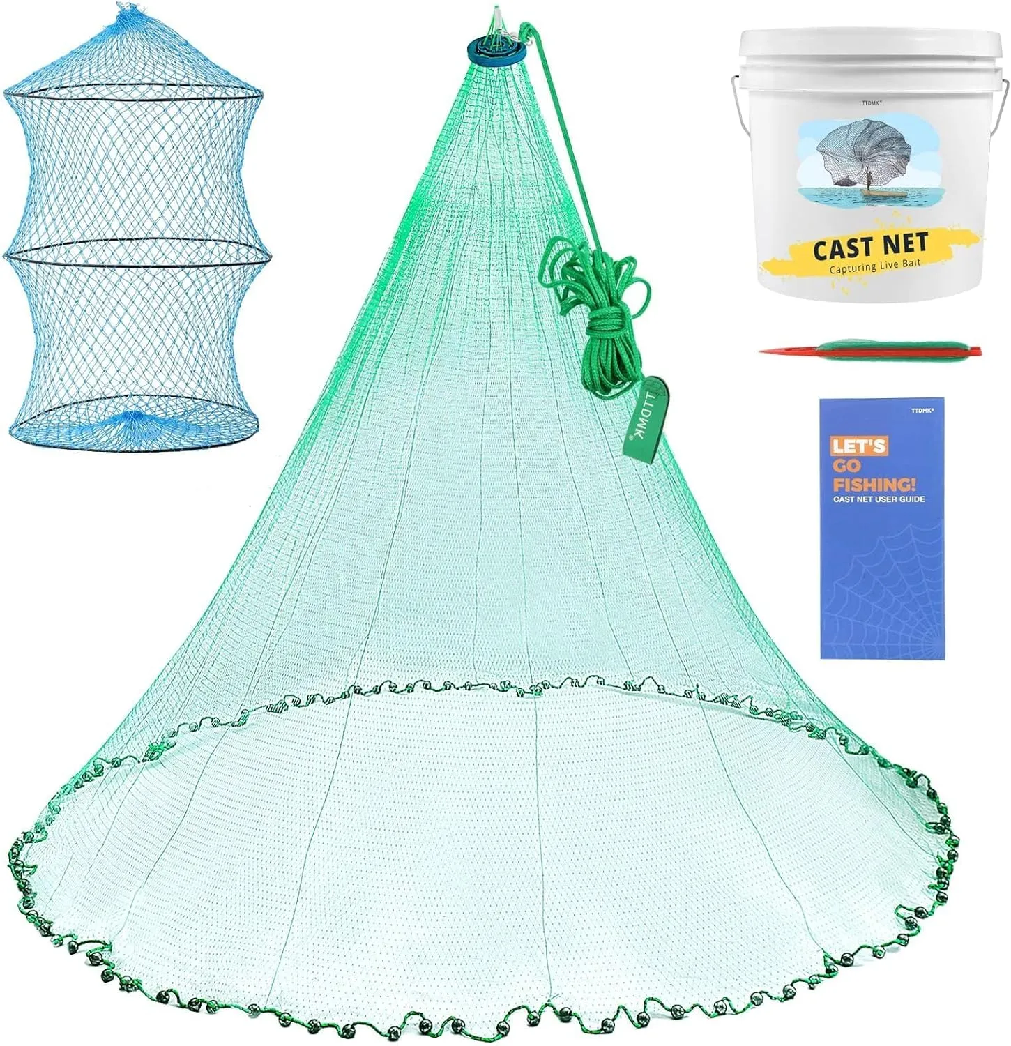 Cast Nets for Fishing with Storage Bucket, Casting Nets for Bait Fish, Freshwater and Saltwater Fishing Nets, 1.5LB/Ft Heavy Duty Sinkers Throw Cast Net, Bait Traps, 3/8 in Mesh Size - by TTDMK