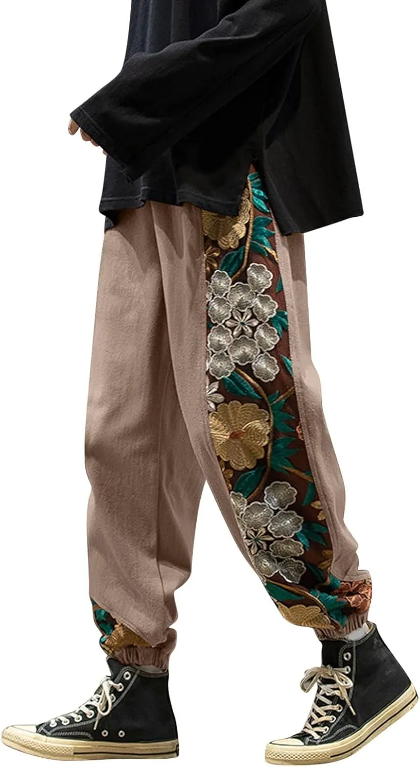 Casual Pant for Men Japanese Retro Embroidered Floral Print Drawstring Bound Foot Trousers Fashion Hip Hop Streetwear