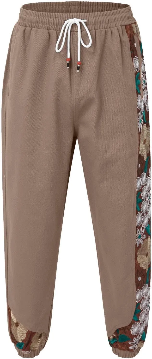 Casual Pant for Men Japanese Retro Embroidered Floral Print Drawstring Bound Foot Trousers Fashion Hip Hop Streetwear