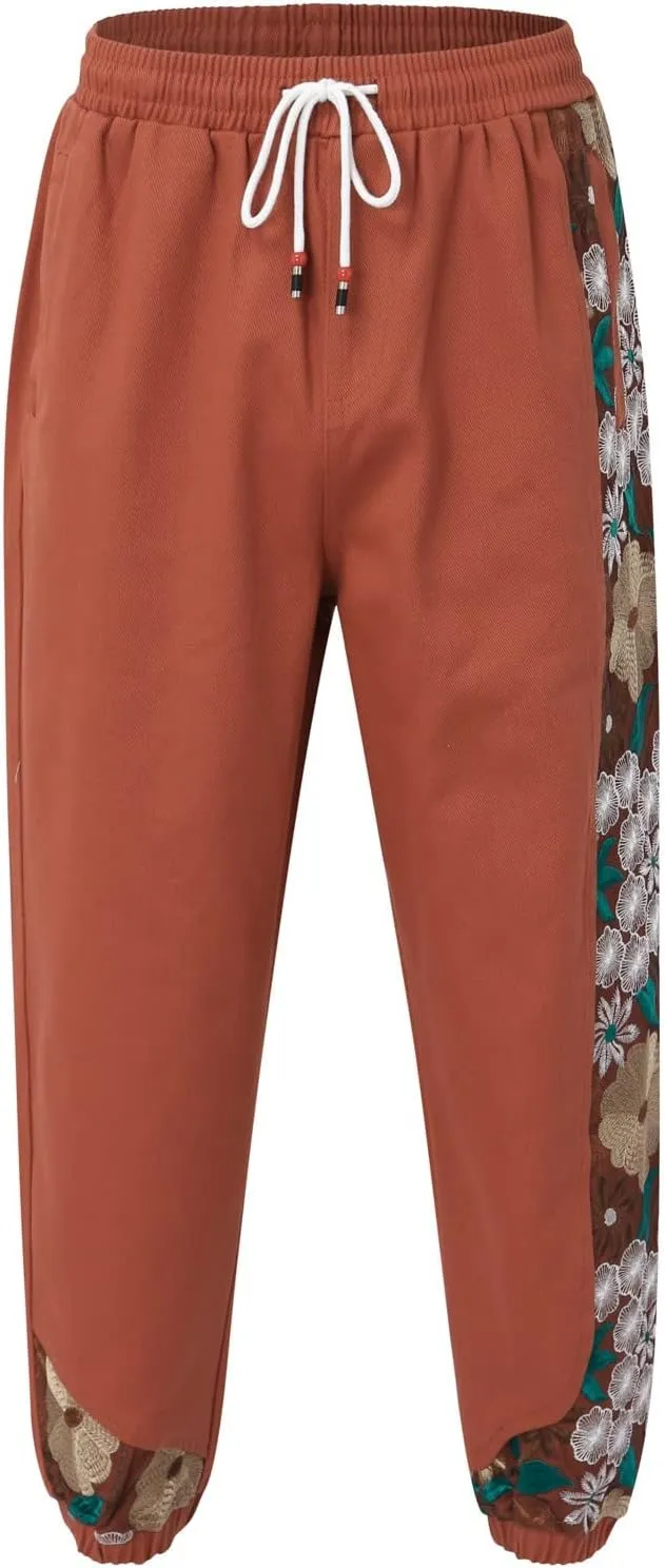 Casual Pant for Men Japanese Retro Embroidered Floral Print Drawstring Bound Foot Trousers Fashion Hip Hop Streetwear