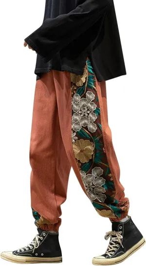 Casual Pant for Men Japanese Retro Embroidered Floral Print Drawstring Bound Foot Trousers Fashion Hip Hop Streetwear