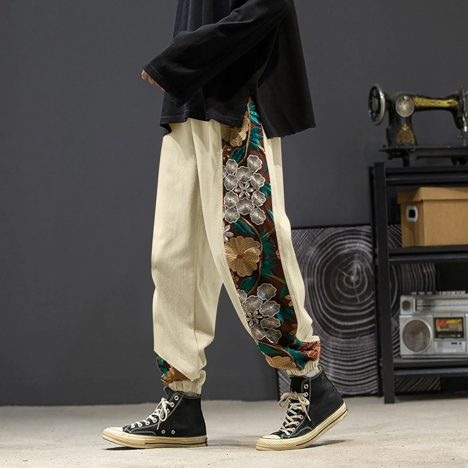 Casual Pant for Men Japanese Retro Embroidered Floral Print Drawstring Bound Foot Trousers Fashion Hip Hop Streetwear