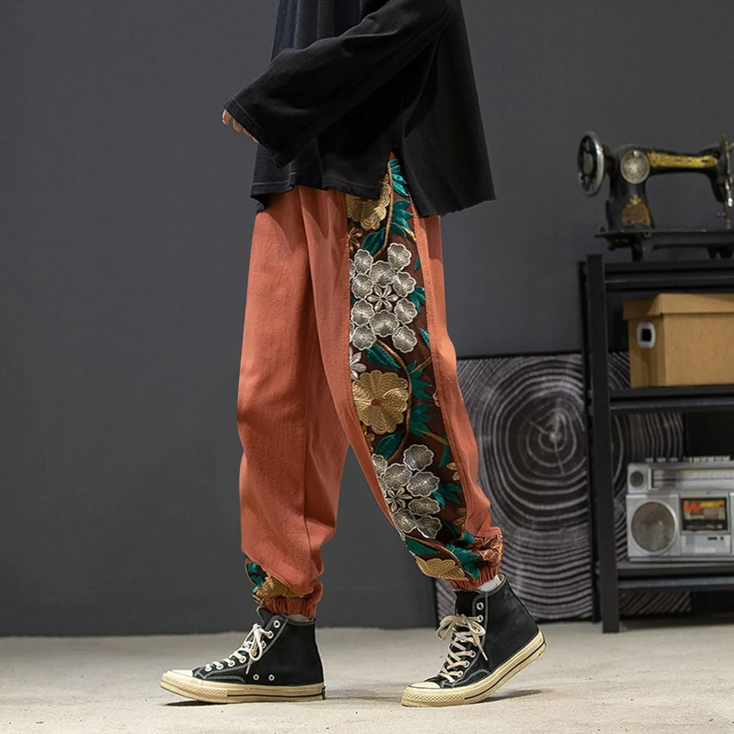 Casual Pant for Men Japanese Retro Embroidered Floral Print Drawstring Bound Foot Trousers Fashion Hip Hop Streetwear