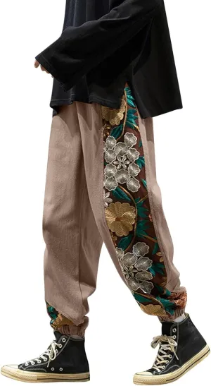 Casual Pant for Men Japanese Retro Embroidered Floral Print Drawstring Bound Foot Trousers Fashion Hip Hop Streetwear