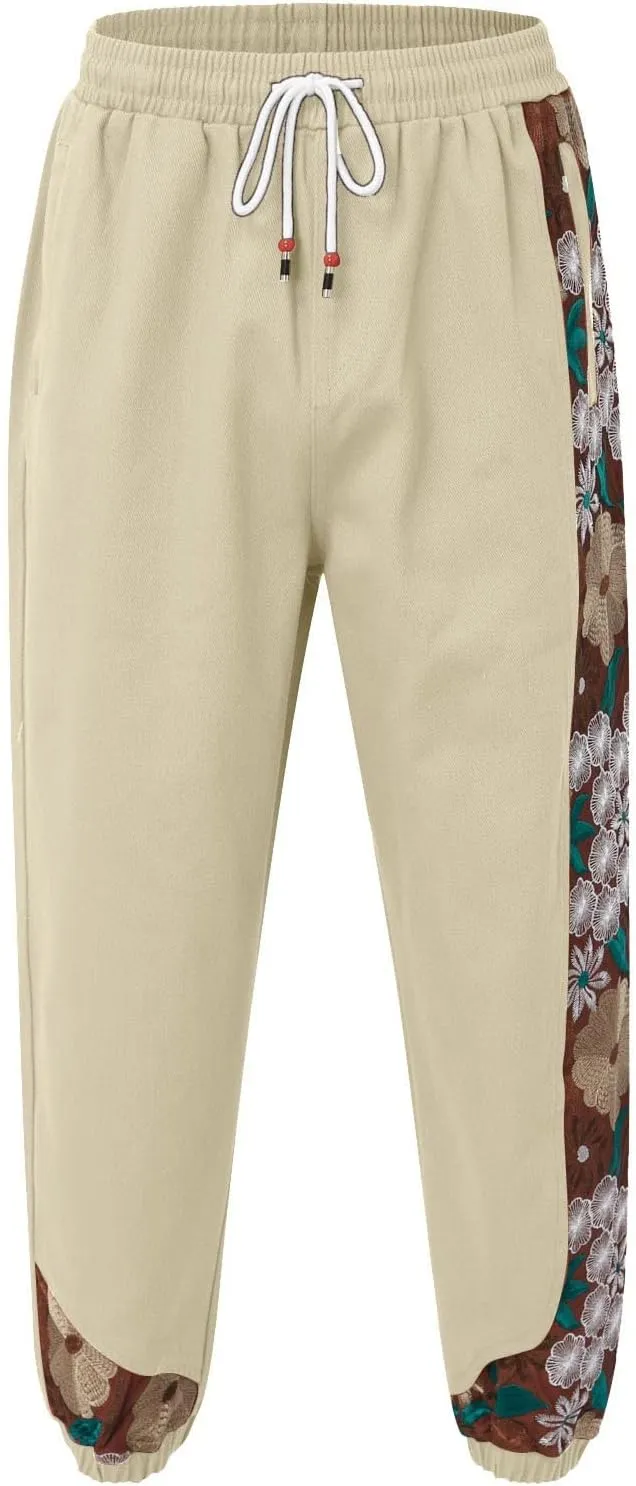 Casual Pant for Men Japanese Retro Embroidered Floral Print Drawstring Bound Foot Trousers Fashion Hip Hop Streetwear