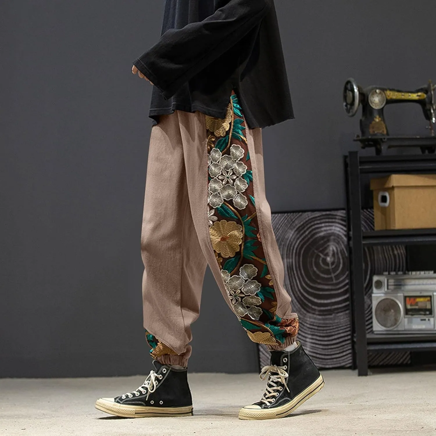 Casual Pant for Men Japanese Retro Embroidered Floral Print Drawstring Bound Foot Trousers Fashion Hip Hop Streetwear