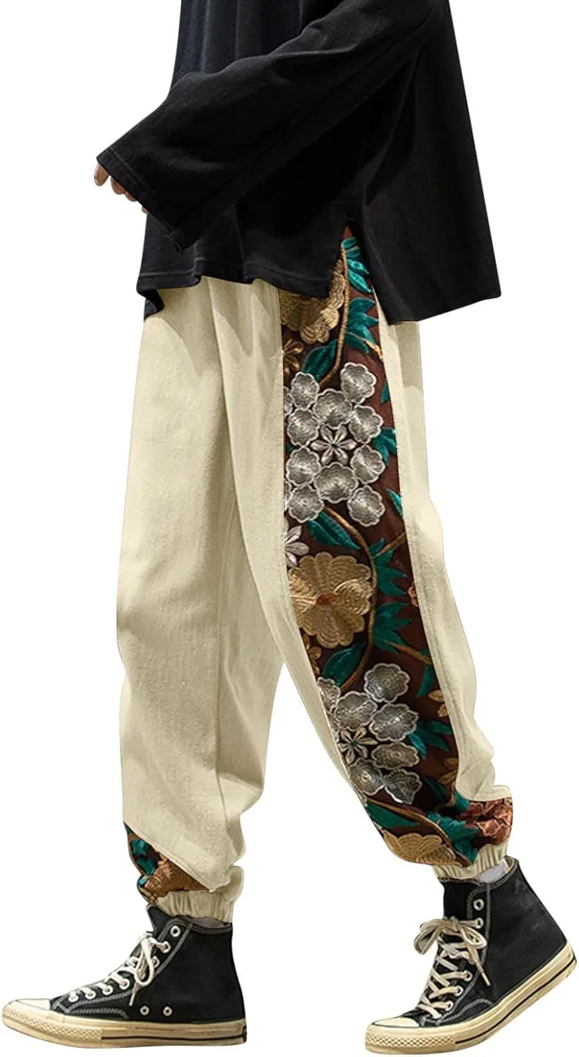 Casual Pant for Men Japanese Retro Embroidered Floral Print Drawstring Bound Foot Trousers Fashion Hip Hop Streetwear