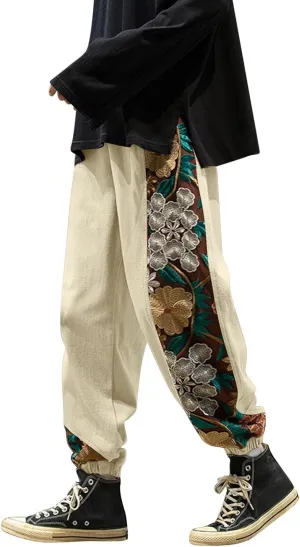Casual Pant for Men Japanese Retro Embroidered Floral Print Drawstring Bound Foot Trousers Fashion Hip Hop Streetwear