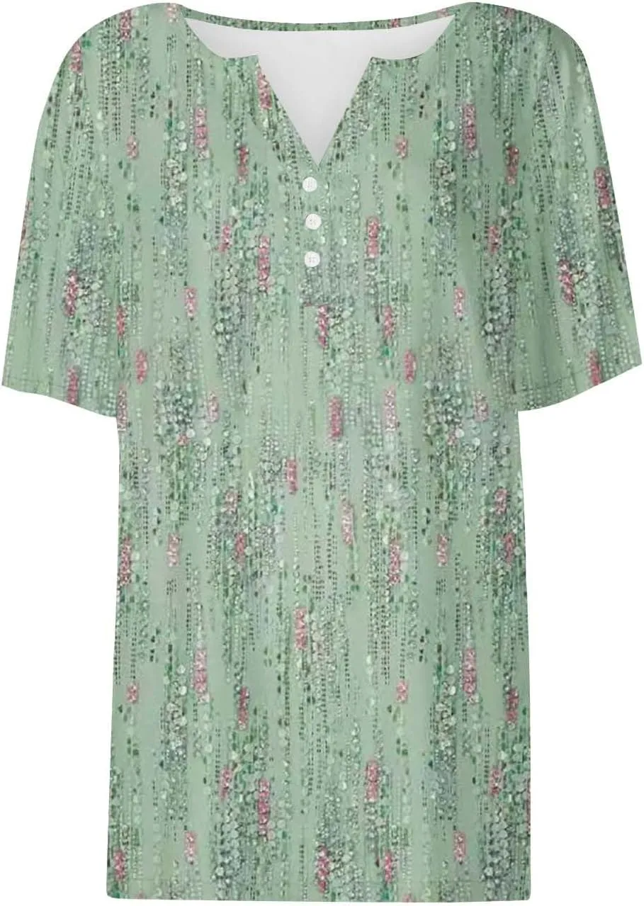 Casual t Shirts for Women Boho Floral Print Short Sleeve Summer Tops Y2K Loose Fit Blouses 2024 Vacation Trendy