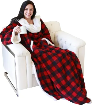Catalonia Sherpa Wearable Blanket with Sleeves Arms,Super Soft Warm Comfy Large Fleece Plush Sleeved TV Throws Wrap Robe Blanket for Adult Women and Men,Buffalo Plaid Checkered