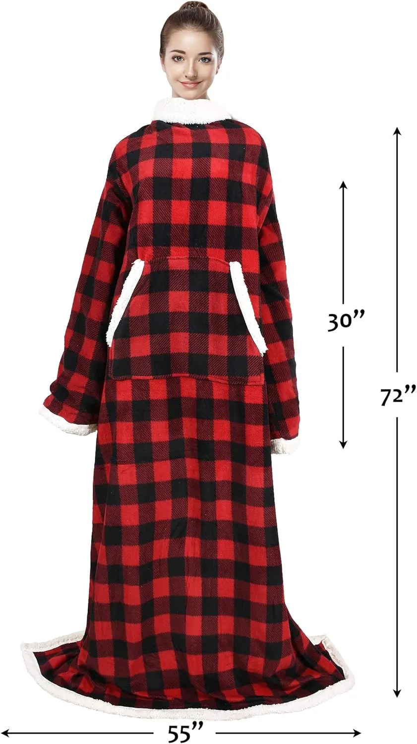 Catalonia Sherpa Wearable Blanket with Sleeves Arms,Super Soft Warm Comfy Large Fleece Plush Sleeved TV Throws Wrap Robe Blanket for Adult Women and Men,Buffalo Plaid Checkered
