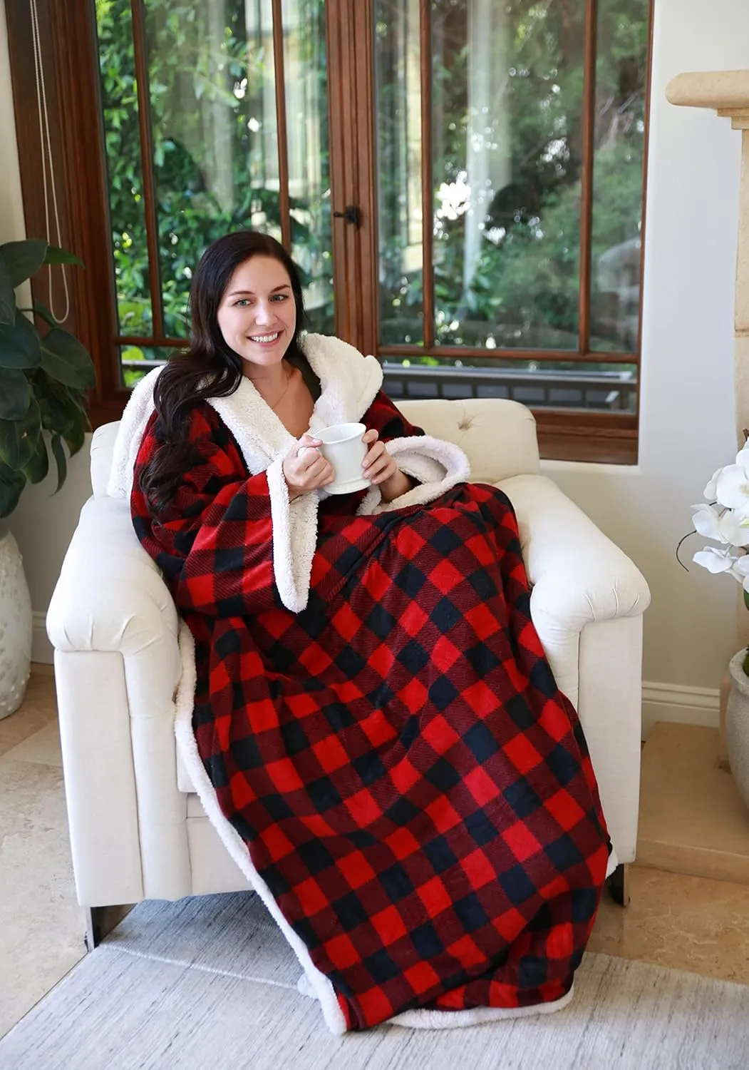 Catalonia Sherpa Wearable Blanket with Sleeves Arms,Super Soft Warm Comfy Large Fleece Plush Sleeved TV Throws Wrap Robe Blanket for Adult Women and Men,Buffalo Plaid Checkered