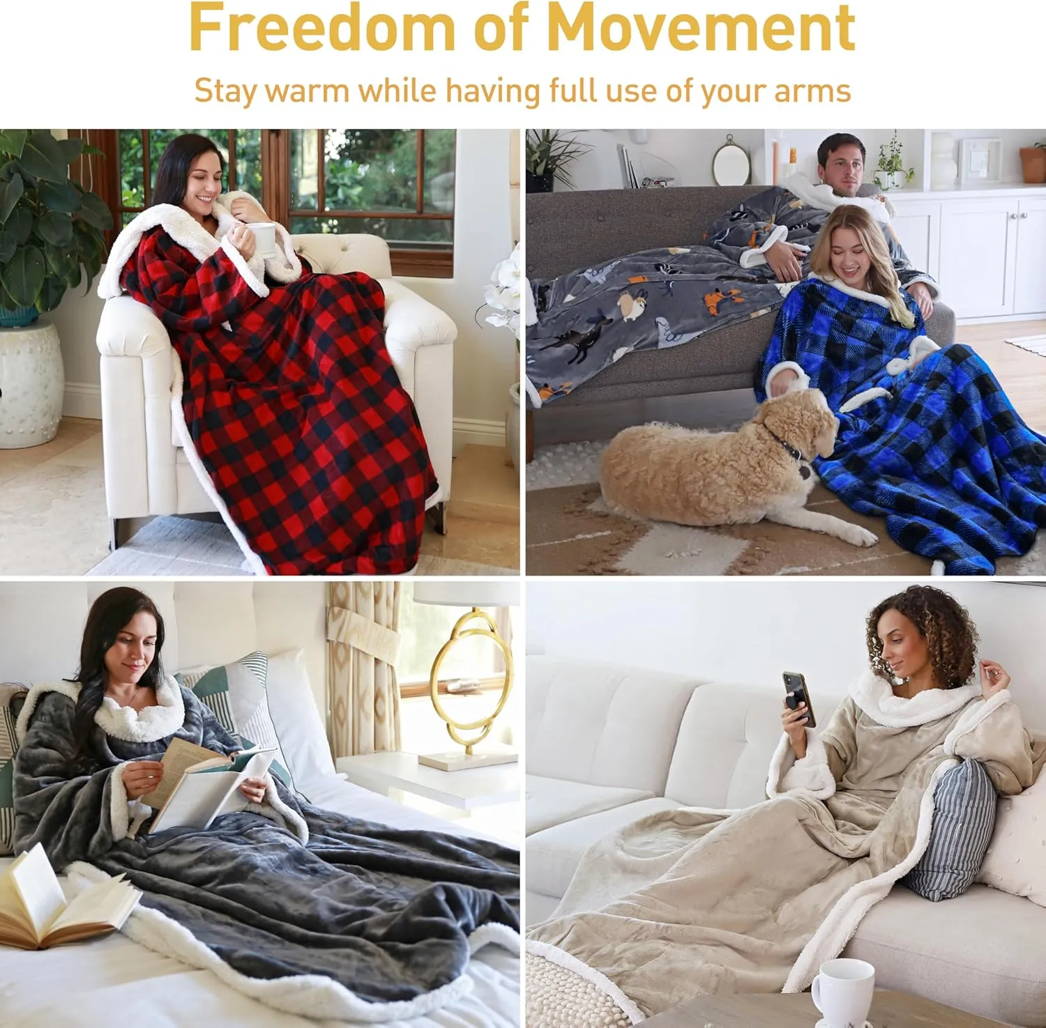 Catalonia Sherpa Wearable Blanket with Sleeves Arms,Super Soft Warm Comfy Large Fleece Plush Sleeved TV Throws Wrap Robe Blanket for Adult Women and Men,Buffalo Plaid Checkered