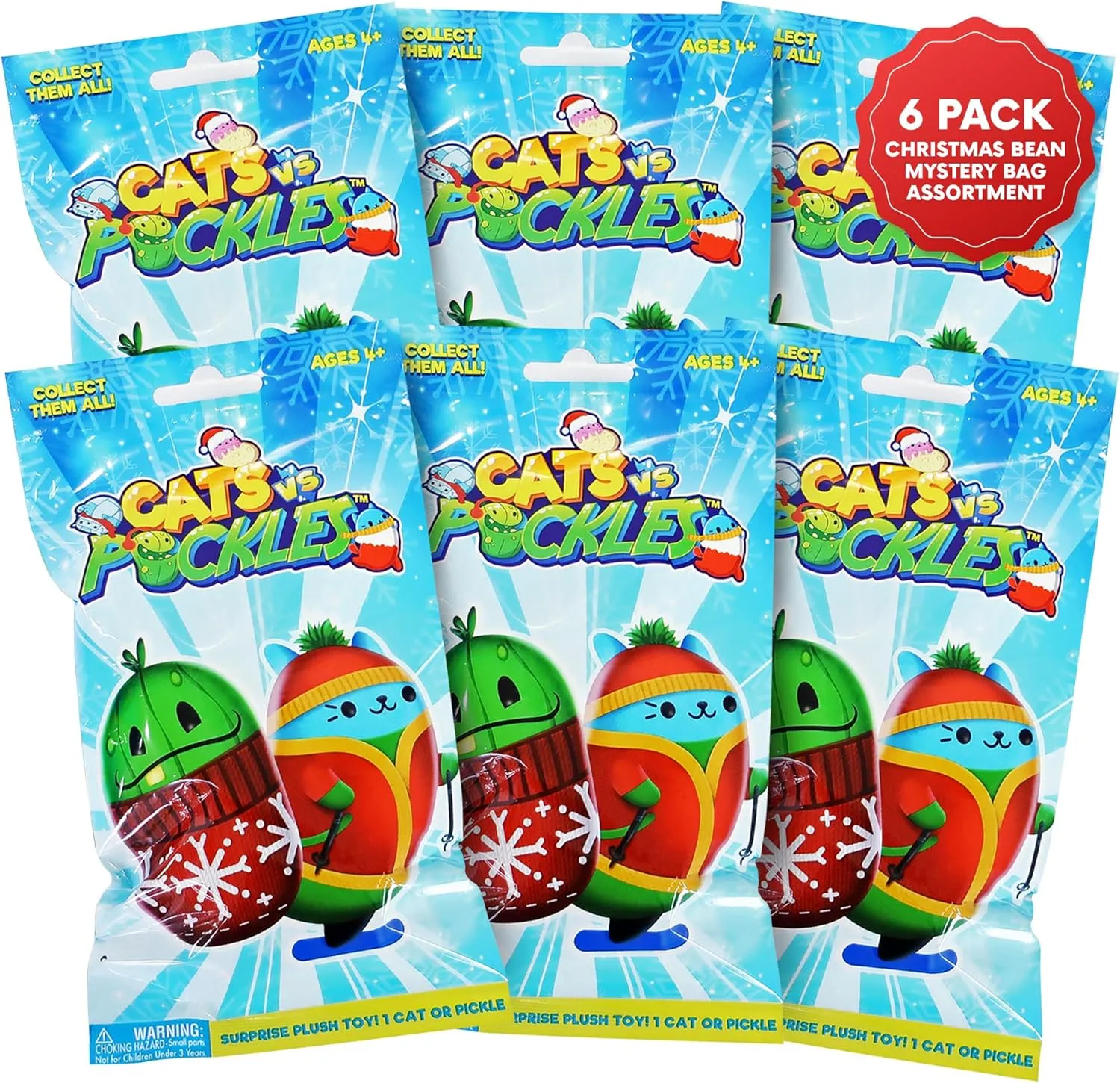 Cats vs Pickles 6 Pack Christmas Bean Mystery Bags - 4 Inch Bean Filled Plushies - Stocking Stuffers - Blind Bags for Girls and Boys - Surprise Collectibles - Mystery Bag for Kids & Adults - 6 Pack