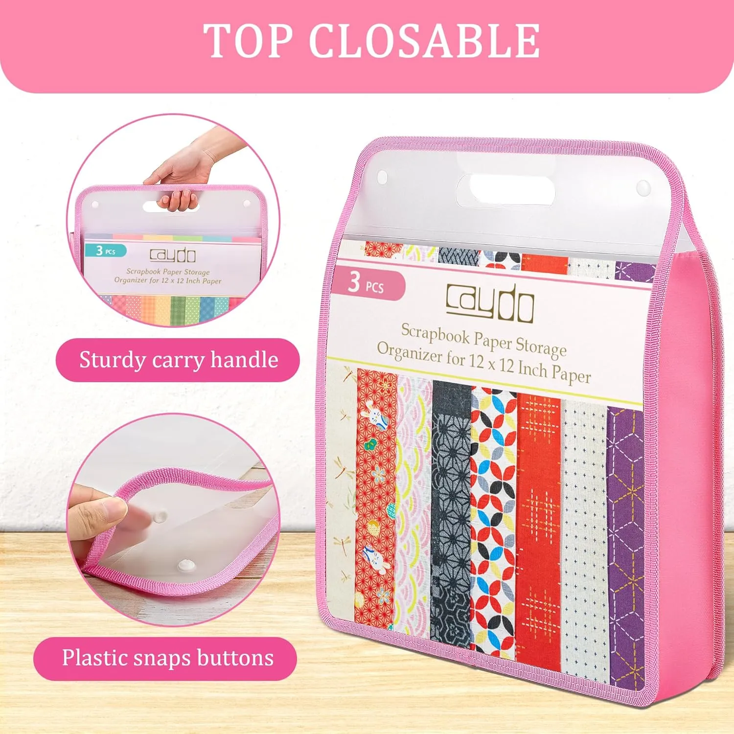 Caydo 3 Pack Scrapbook Paper Storage, Clear Expanding Paper Folio with Handle, Portable 12 x 12 Paper Storage Organizer for Holding Scrapbook, Vinyl Paper, Cardstock (Blue, Pink, Black)