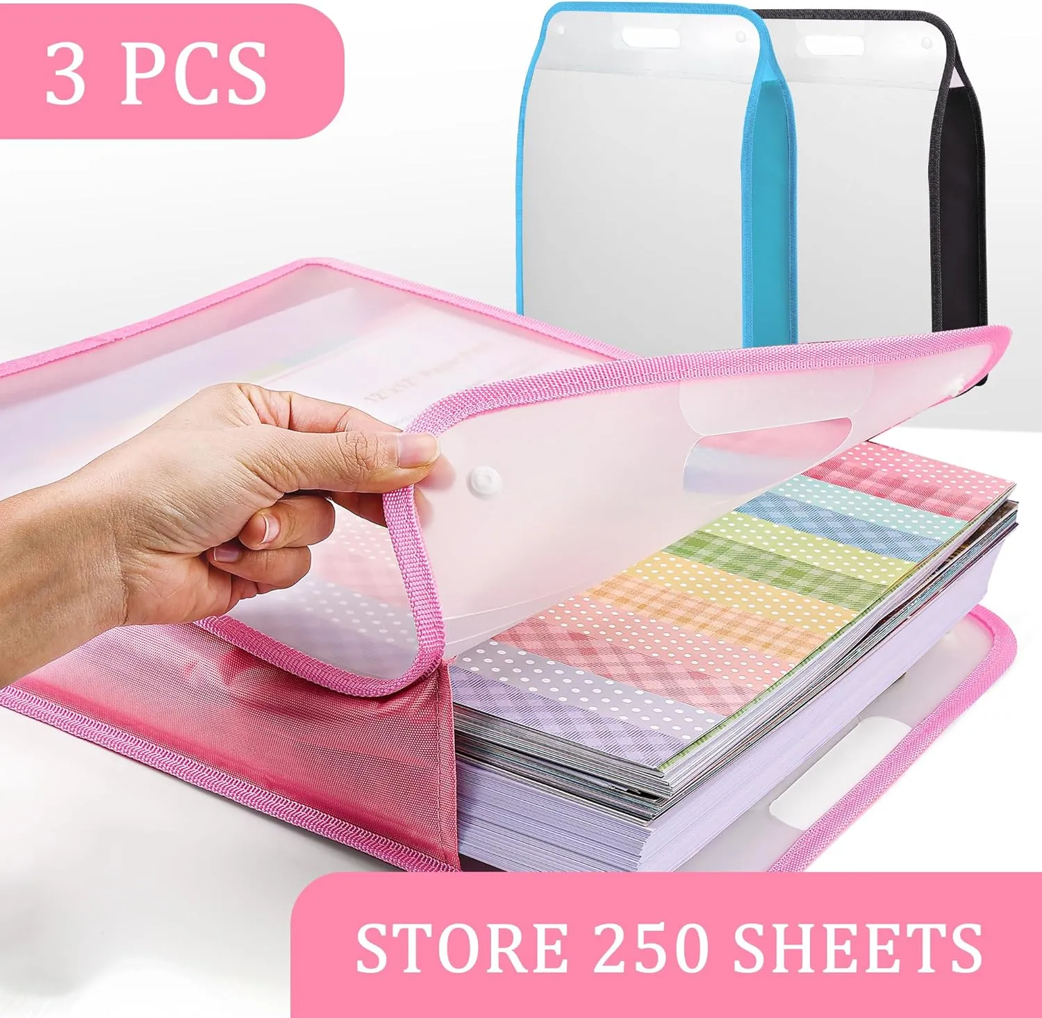 Caydo 3 Pack Scrapbook Paper Storage, Clear Expanding Paper Folio with Handle, Portable 12 x 12 Paper Storage Organizer for Holding Scrapbook, Vinyl Paper, Cardstock (Blue, Pink, Black)