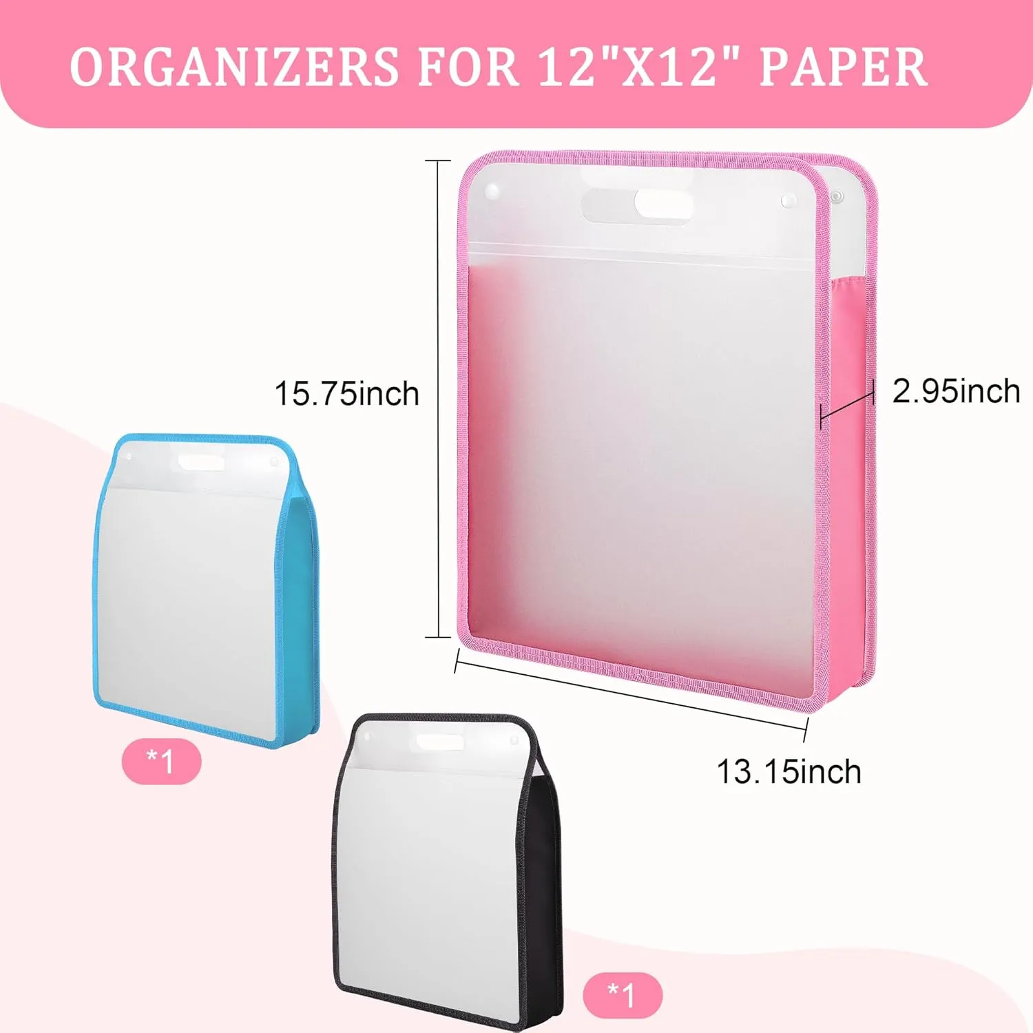 Caydo 3 Pack Scrapbook Paper Storage, Clear Expanding Paper Folio with Handle, Portable 12 x 12 Paper Storage Organizer for Holding Scrapbook, Vinyl Paper, Cardstock (Blue, Pink, Black)