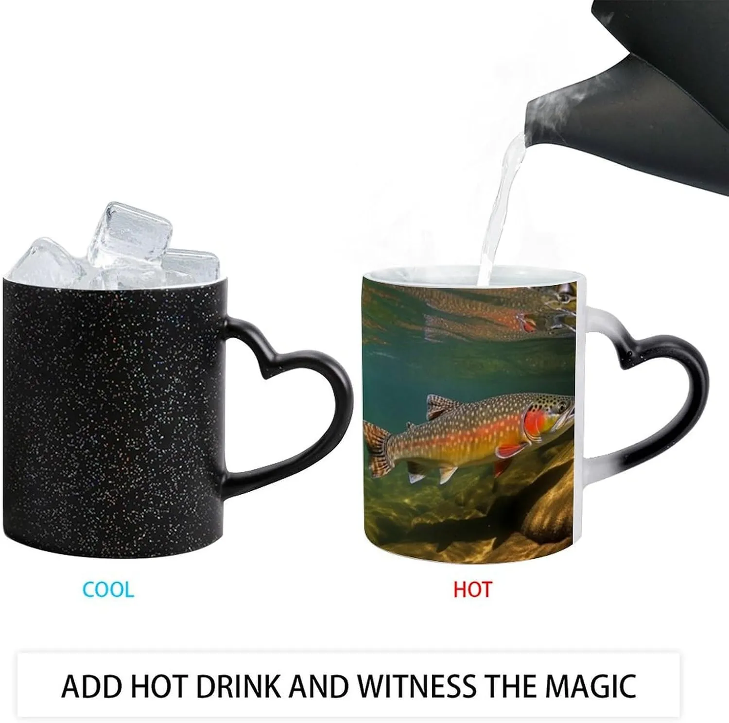 Ceramic Coffee Mugs, 11 Oz Heat Changing Mug, Personalized Brook Trout Fly Fishing Novelty Color Changing Coffee Mug Cup with Ear Design Handle Cool Magic Mugs for Hot Drinks