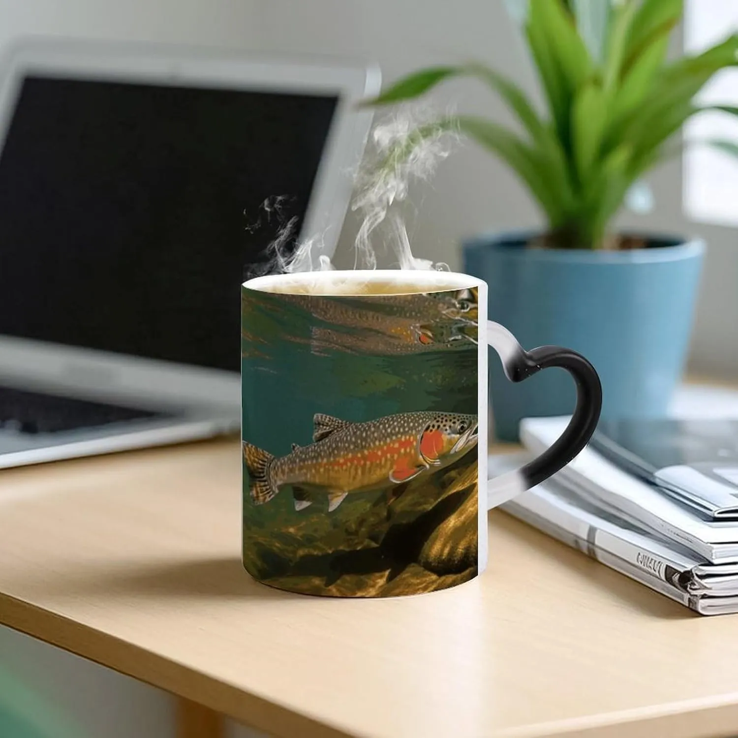 Ceramic Coffee Mugs, 11 Oz Heat Changing Mug, Personalized Brook Trout Fly Fishing Novelty Color Changing Coffee Mug Cup with Ear Design Handle Cool Magic Mugs for Hot Drinks