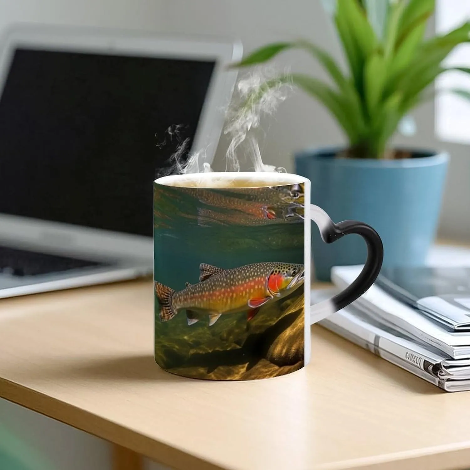 Ceramic Coffee Mugs, 11 Oz Heat Changing Mug, Personalized Brook Trout Fly Fishing Novelty Color Changing Coffee Mug Cup with Ear Design Handle Cool Magic Mugs for Hot Drinks