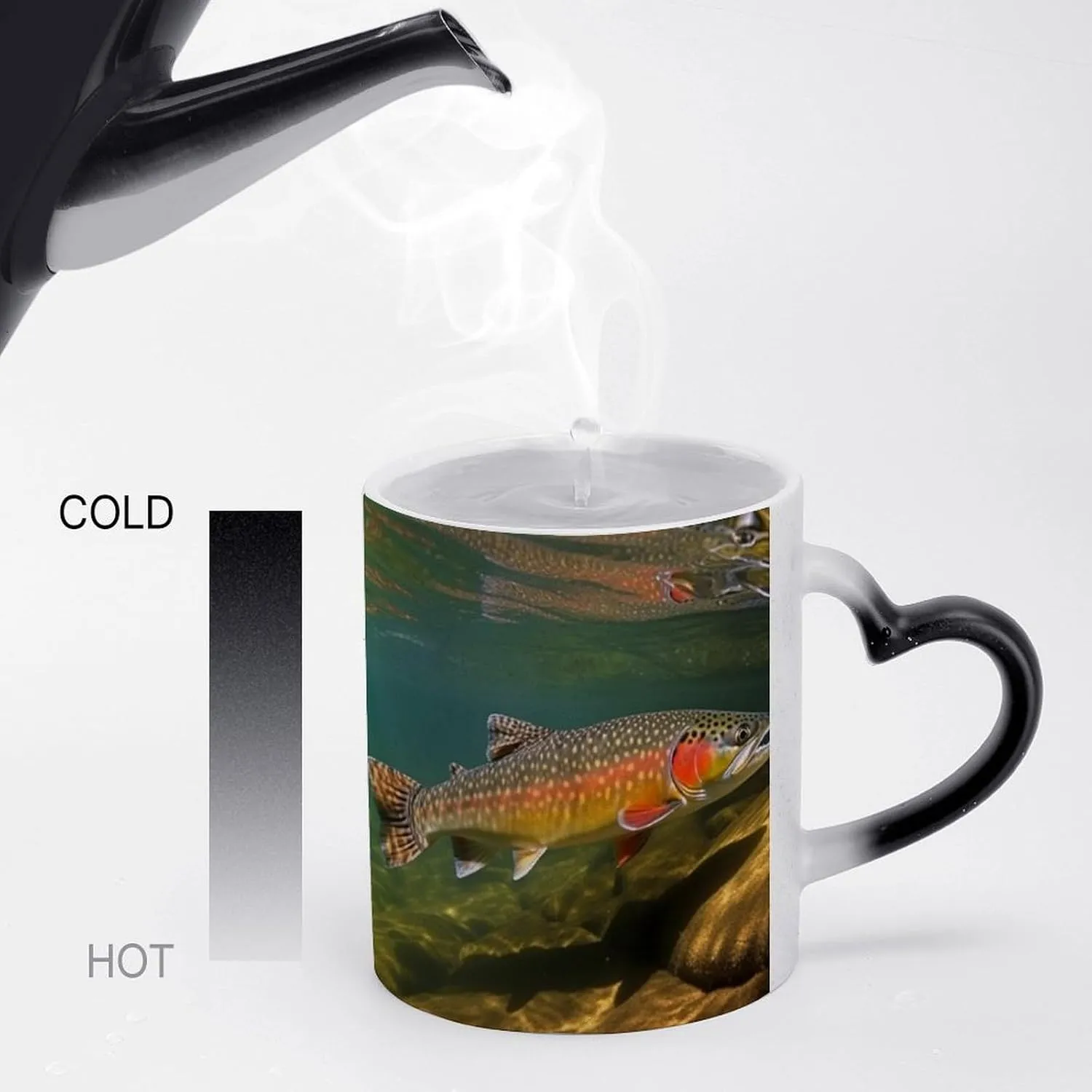 Ceramic Coffee Mugs, 11 Oz Heat Changing Mug, Personalized Brook Trout Fly Fishing Novelty Color Changing Coffee Mug Cup with Ear Design Handle Cool Magic Mugs for Hot Drinks