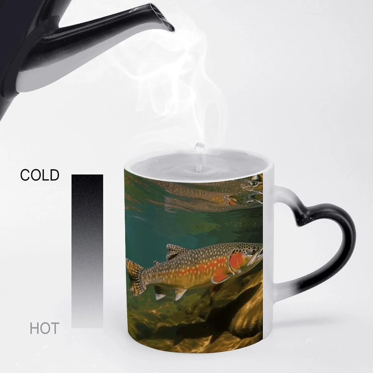 Ceramic Coffee Mugs, 11 Oz Heat Changing Mug, Personalized Brook Trout Fly Fishing Novelty Color Changing Coffee Mug Cup with Ear Design Handle Cool Magic Mugs for Hot Drinks