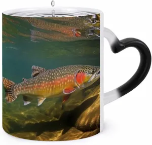 Ceramic Coffee Mugs, 11 Oz Heat Changing Mug, Personalized Brook Trout Fly Fishing Novelty Color Changing Coffee Mug Cup with Ear Design Handle Cool Magic Mugs for Hot Drinks