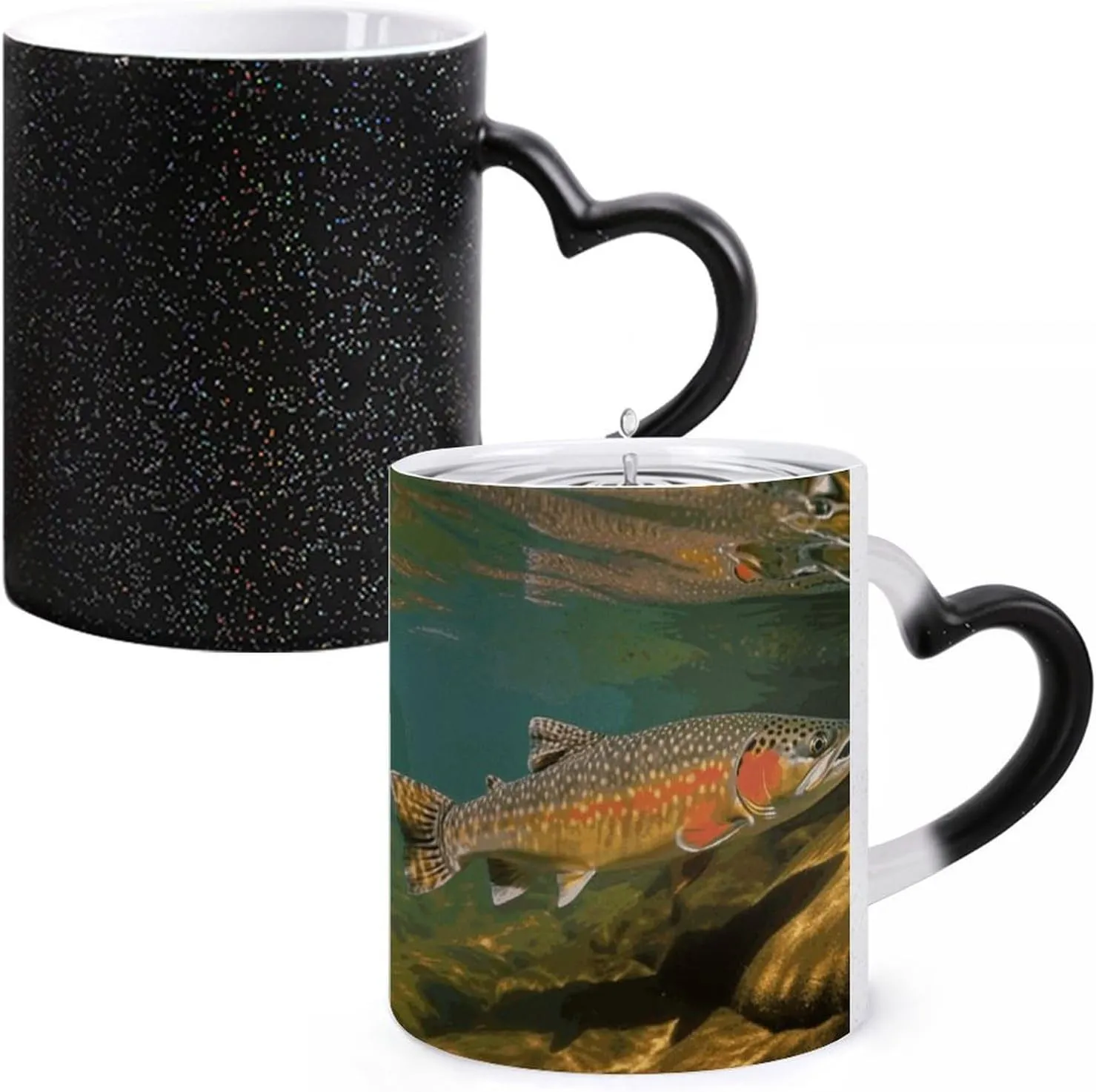 Ceramic Coffee Mugs, 11 Oz Heat Changing Mug, Personalized Brook Trout Fly Fishing Novelty Color Changing Coffee Mug Cup with Ear Design Handle Cool Magic Mugs for Hot Drinks