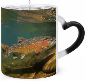Ceramic Coffee Mugs, 11 Oz Heat Changing Mug, Personalized Brook Trout Fly Fishing Novelty Color Changing Coffee Mug Cup with Ear Design Handle Cool Magic Mugs for Hot Drinks