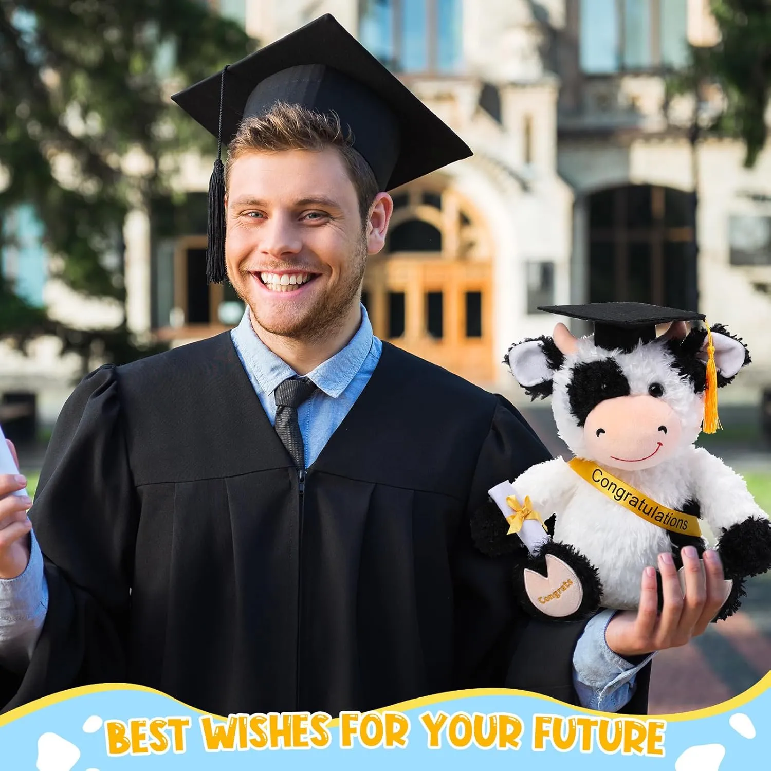 Chalyna 10 Inch 2025 Graduation Season Cow Stuffed Animal Plush with Diploma Tassel Graduation Hat Embroidered Blessings Preschool Kindergarten Gift for Student, Friends, Relatives, Kids