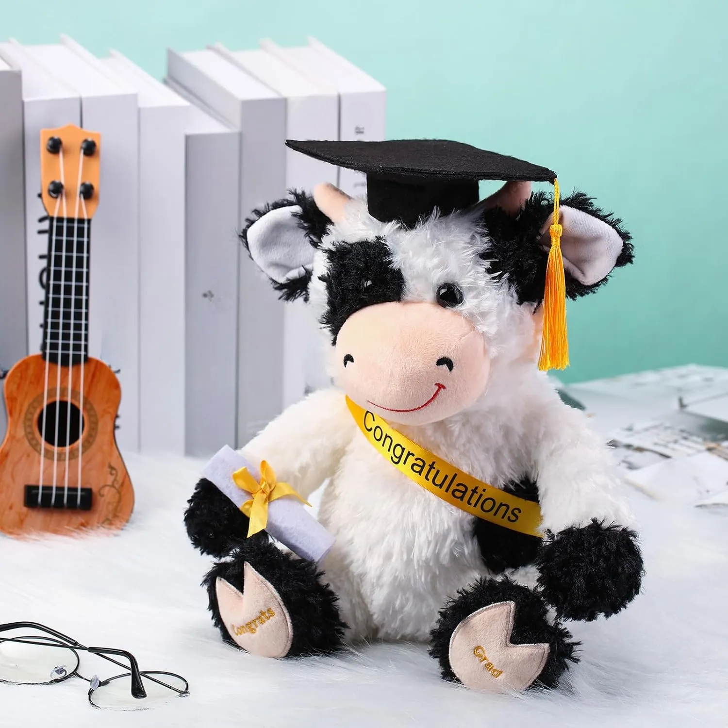 Chalyna 10 Inch 2025 Graduation Season Cow Stuffed Animal Plush with Diploma Tassel Graduation Hat Embroidered Blessings Preschool Kindergarten Gift for Student, Friends, Relatives, Kids