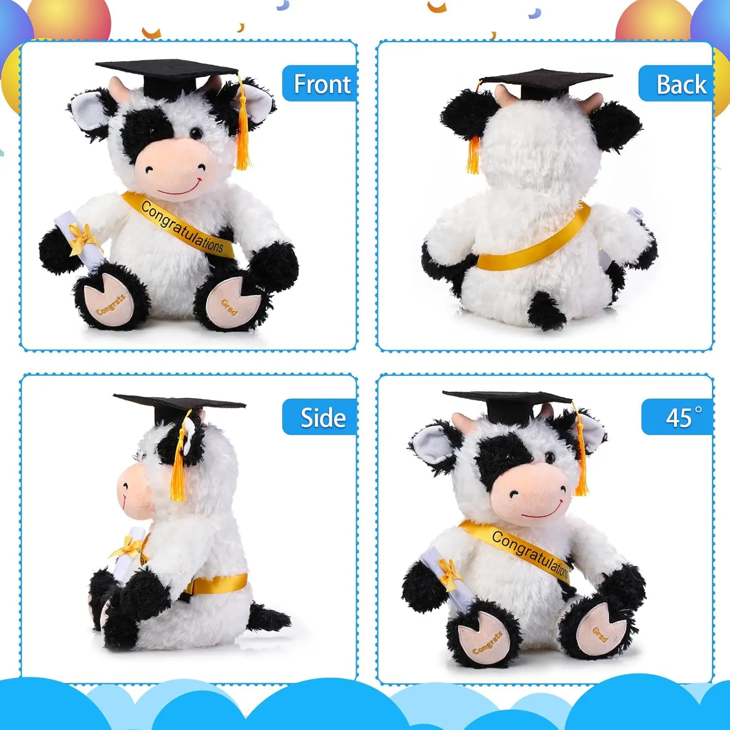Chalyna 10 Inch 2025 Graduation Season Cow Stuffed Animal Plush with Diploma Tassel Graduation Hat Embroidered Blessings Preschool Kindergarten Gift for Student, Friends, Relatives, Kids