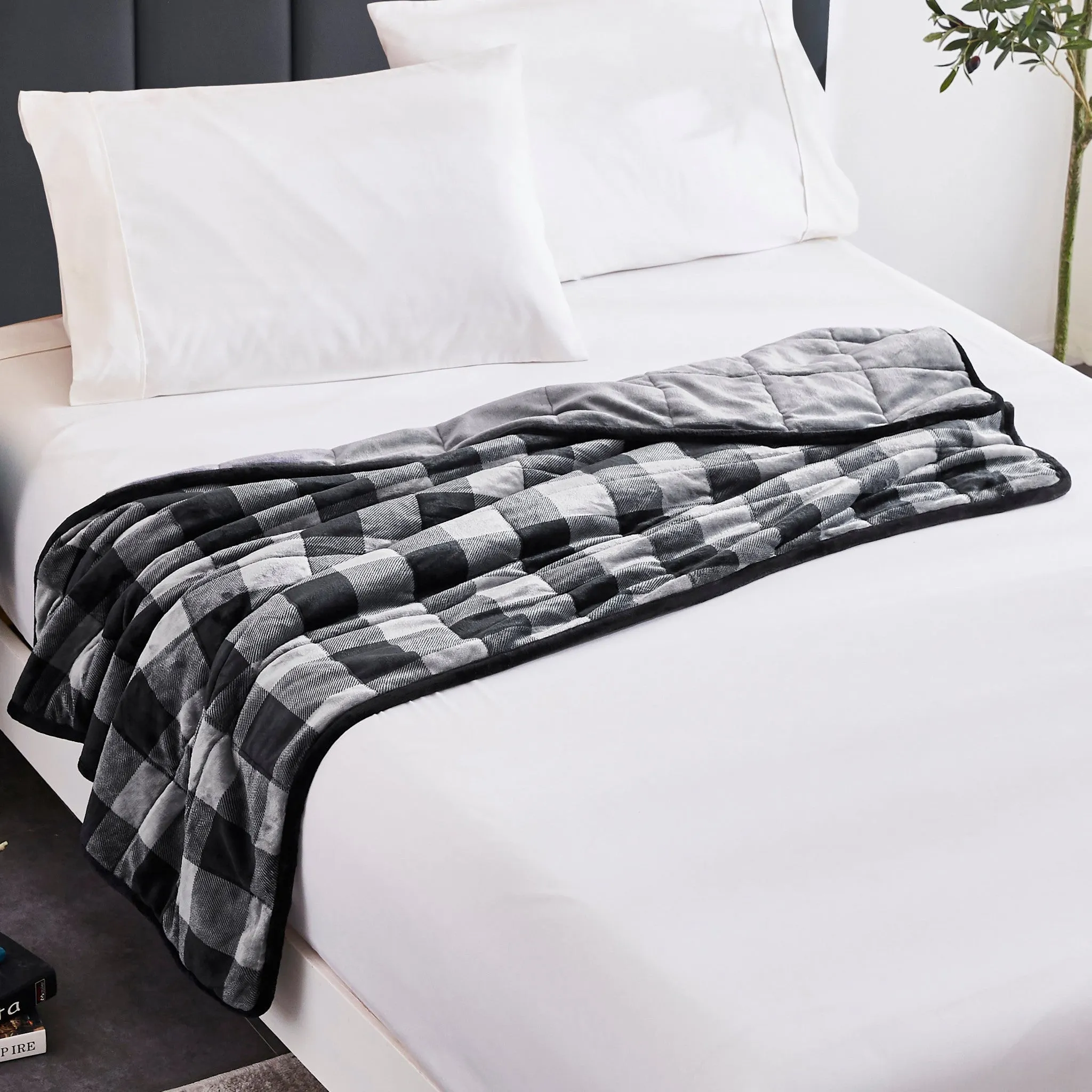 Charcoal Plaid Weighted Velvet and Velvet Throw Blanket