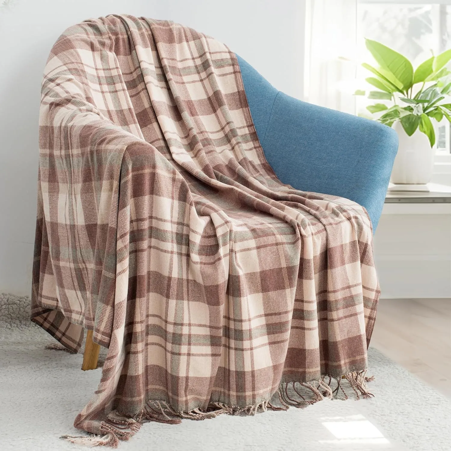 Chenille Plaid Throw Blanket for Couch with Tassels,50"X60" Soft Lightweight Knitted Boho Decorative Blankets for Bed and Sofa,Coffee
