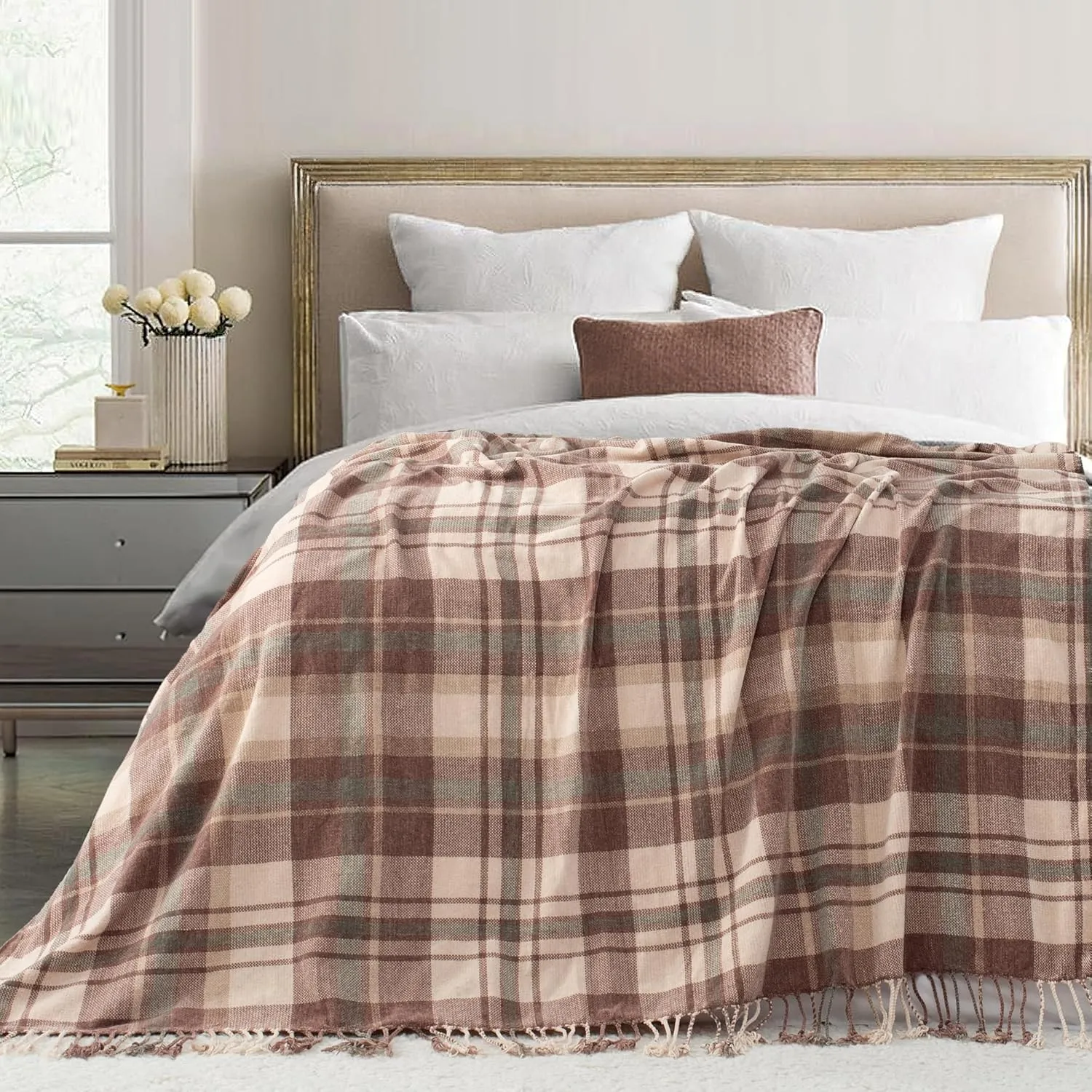 Chenille Plaid Throw Blanket for Couch with Tassels,50"X60" Soft Lightweight Knitted Boho Decorative Blankets for Bed and Sofa,Coffee