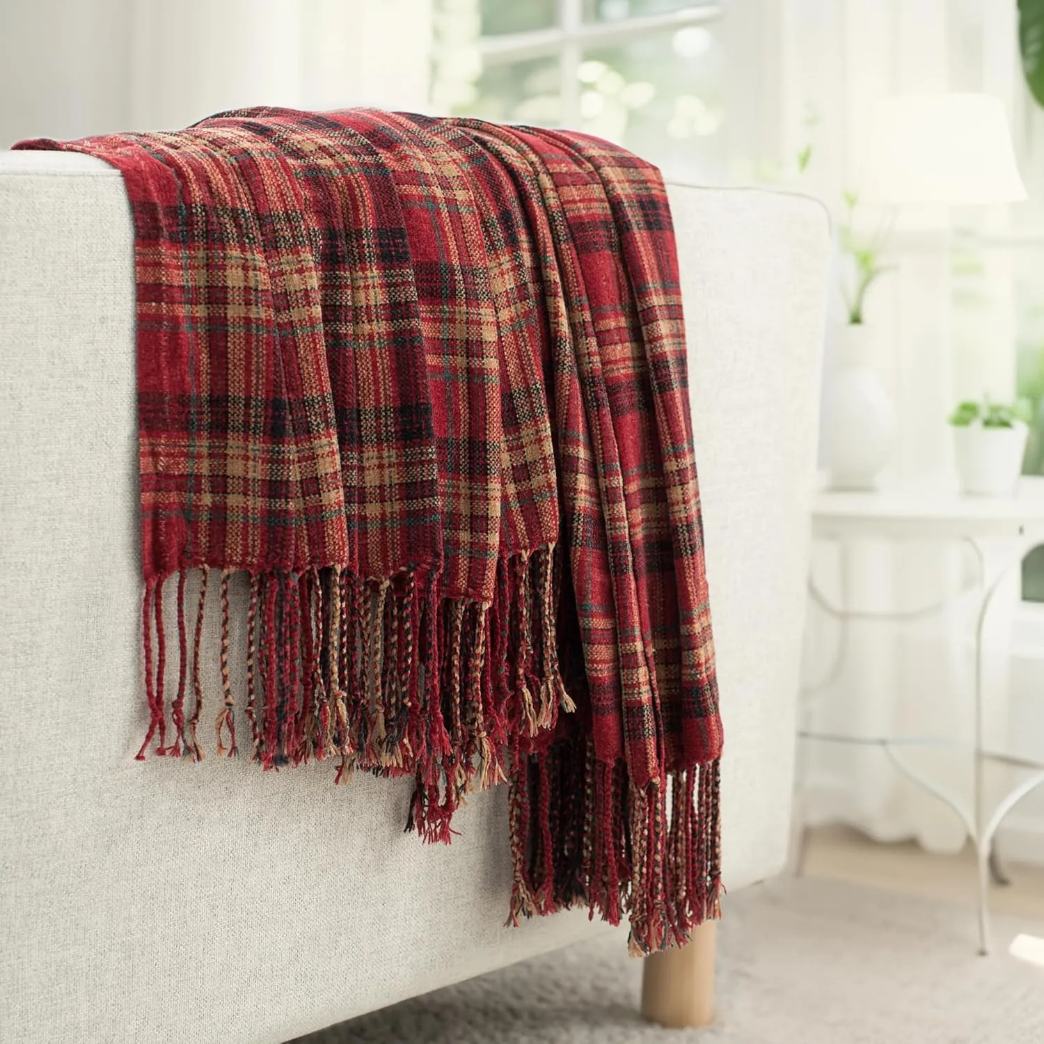 Chenille Plaid Throw Blanket for Couch with Tassels,50"X60" Soft Lightweight Knitted Boho Decorative Blankets for Bed and Sofa,Red